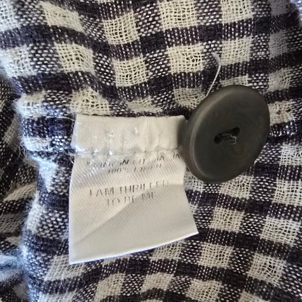 FLAX Women Navy White Gingham Linen V-Neck Button Front Boxy Top Size M - Picture 6 of 7